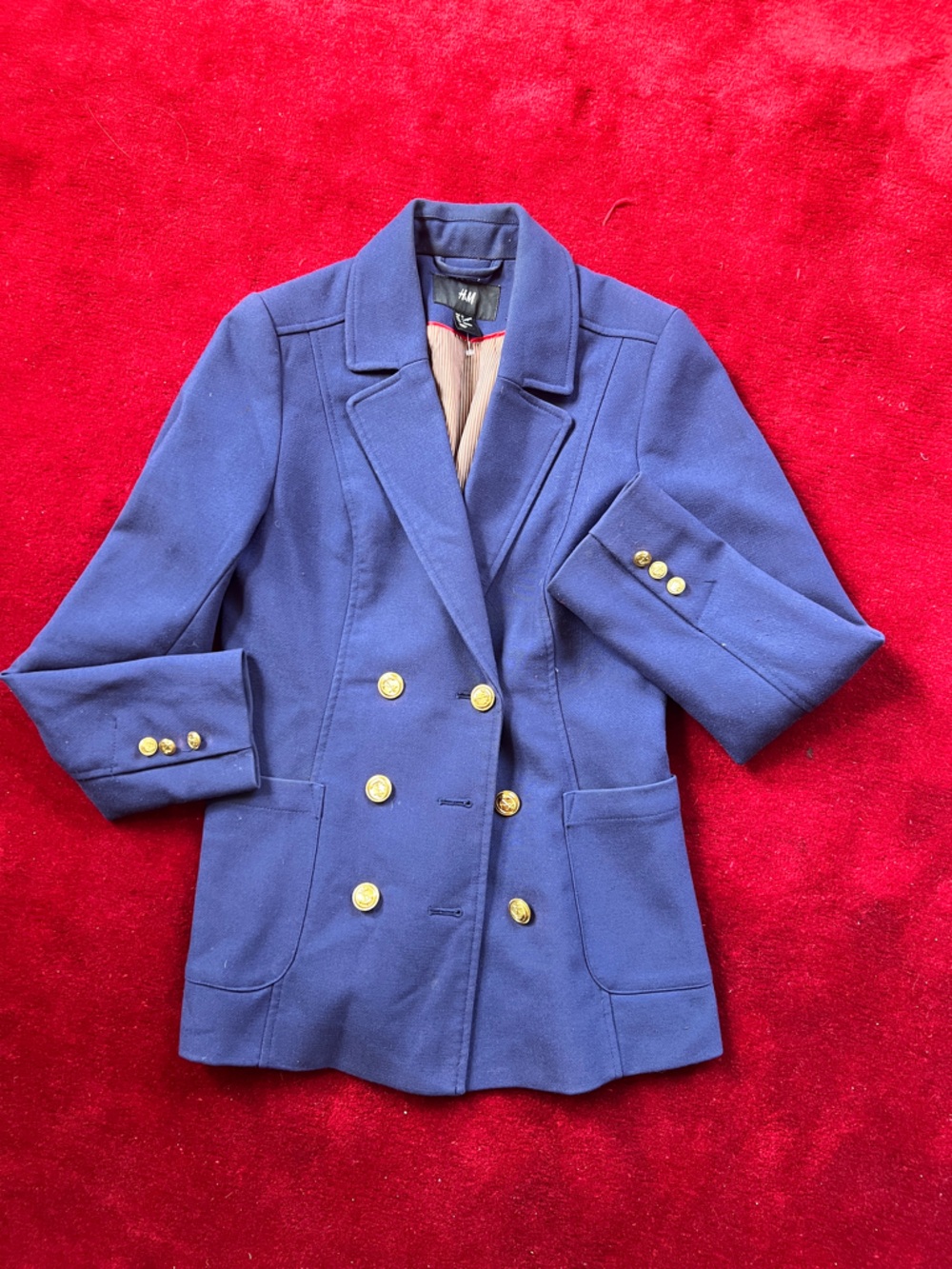 H&M Blue Fully-Lined Double-Breasted Blazer with Gold Buttons US size 4